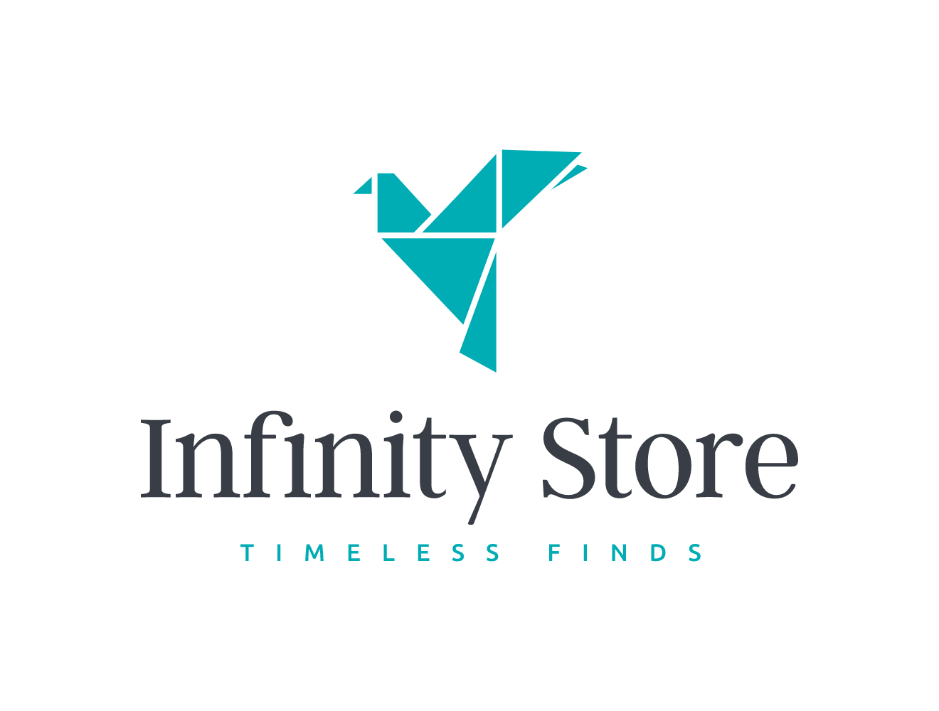 Infinity Creations Store logo featuring teal origami and modern design with 'Timeless Finds' slogan